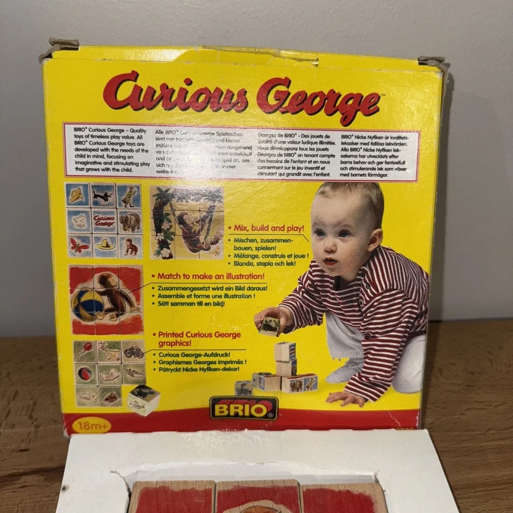 Vintage Brio Curious George Block Play Puzzle 9 Cubes Wooden 32905